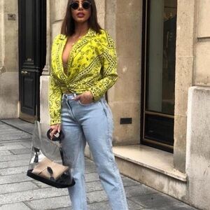 Zara Bloggers Favorite Bandana Yellow Patterned Twist Front Crop Blouse
